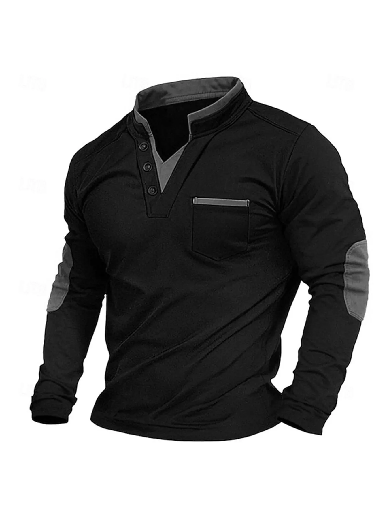 Men's stand collar long-sleeved sweater in solid black gray colour, stitching detail, pullover style, front view