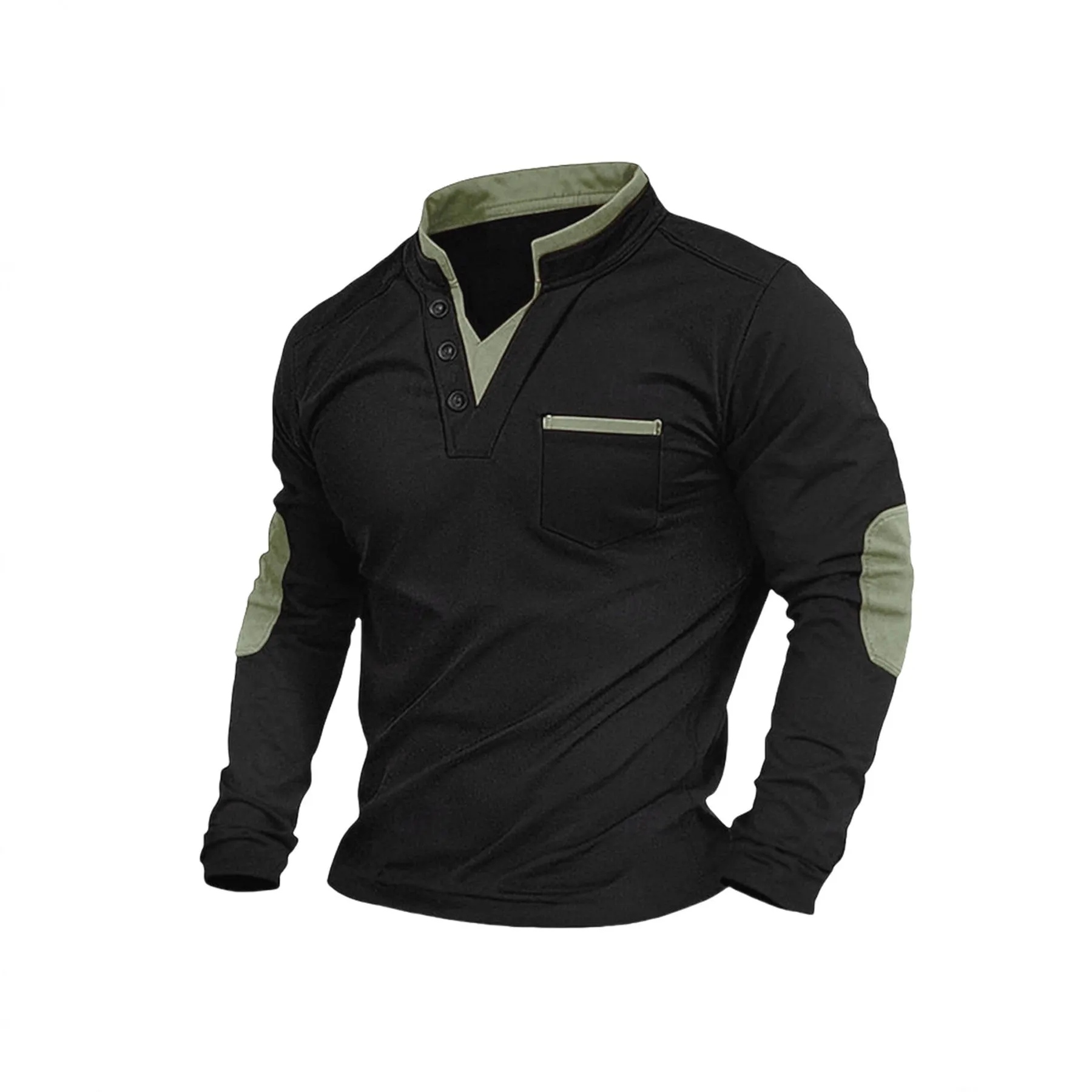 Men's stand collar long-sleeved sweater in solid black gray colour, stitching detail, pullover style, front view