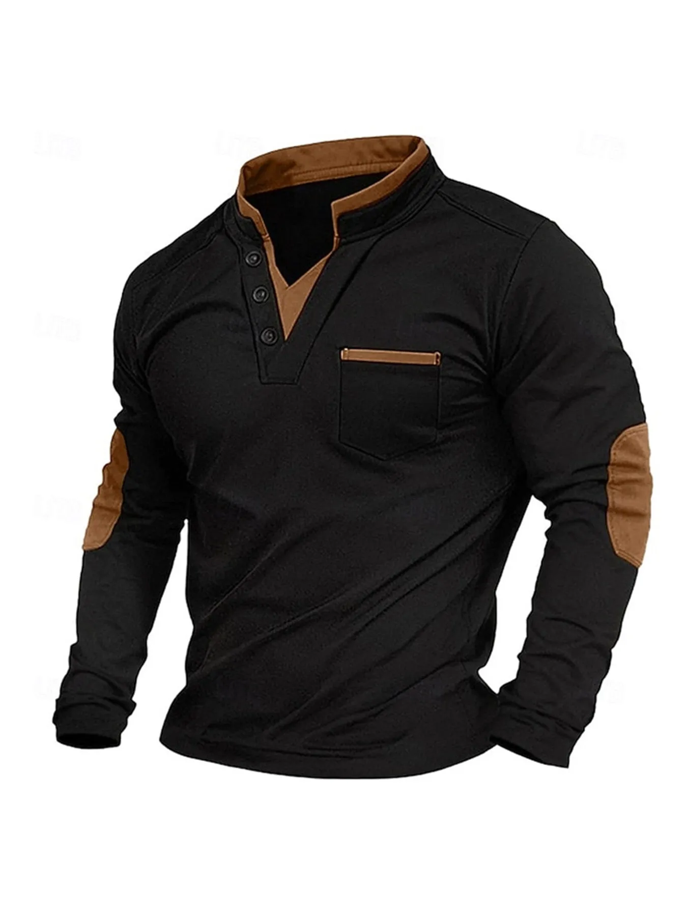 Men's stand collar long-sleeved sweater in solid black gray colour, stitching detail, pullover style, front view
