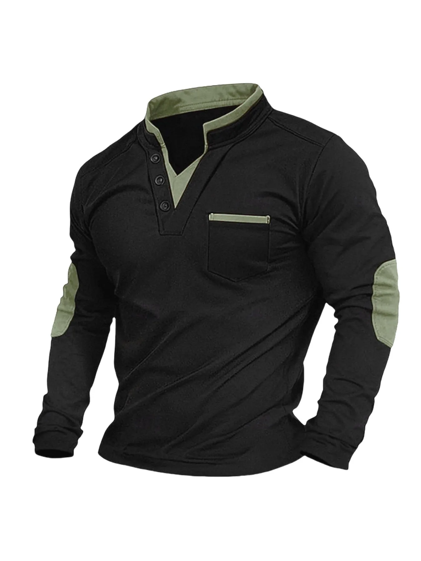 Men's stand collar long-sleeved sweater in solid black gray colour, stitching detail, pullover style, front view