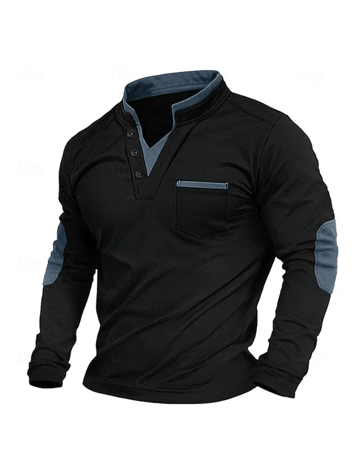 Men's stand collar long-sleeved sweater in solid black gray colour, stitching detail, pullover style, front view