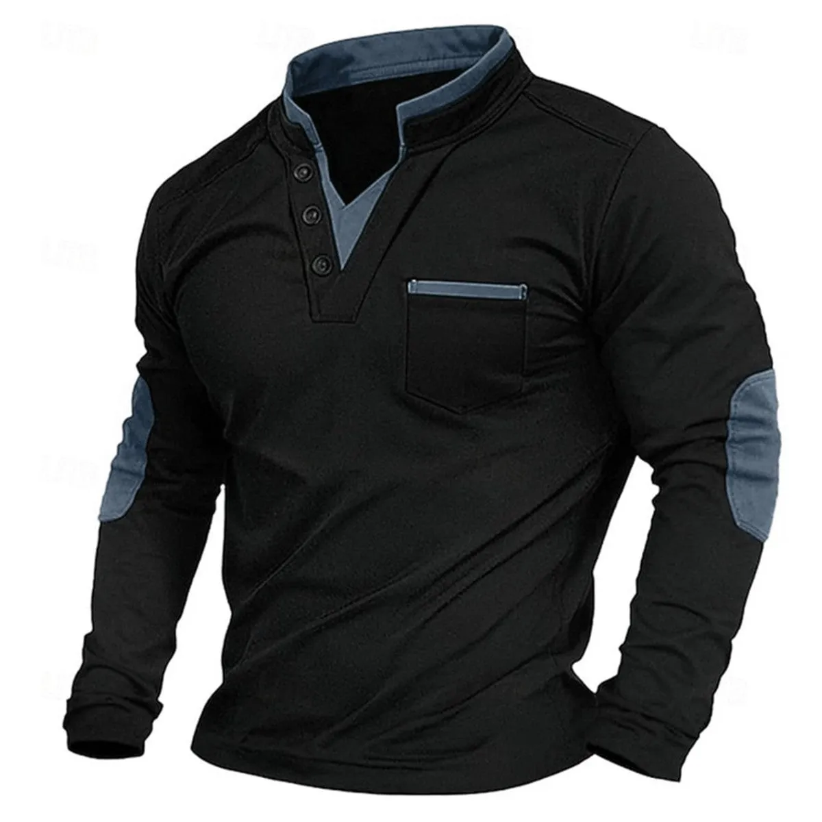 Men's stand collar long-sleeved sweater in solid black gray colour, stitching detail, pullover style, front view