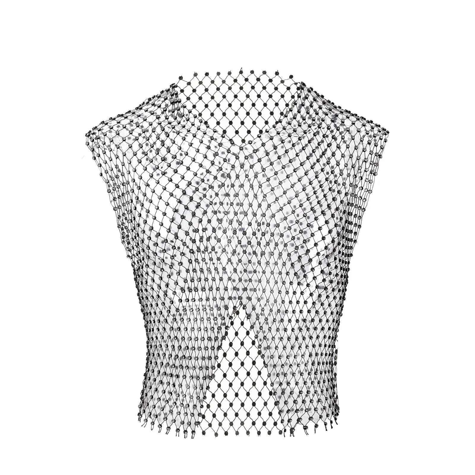 Men's big rhinestone split V-neck fishnet sleeveless top in nylon, black colour, front view