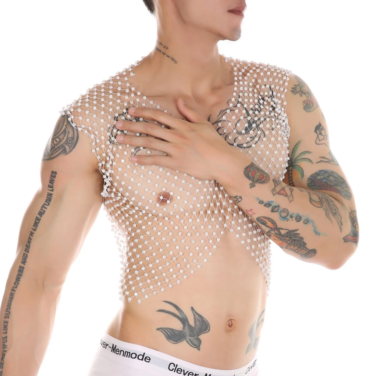 Men's big rhinestone split V-neck fishnet sleeveless top in nylon, black colour, front view