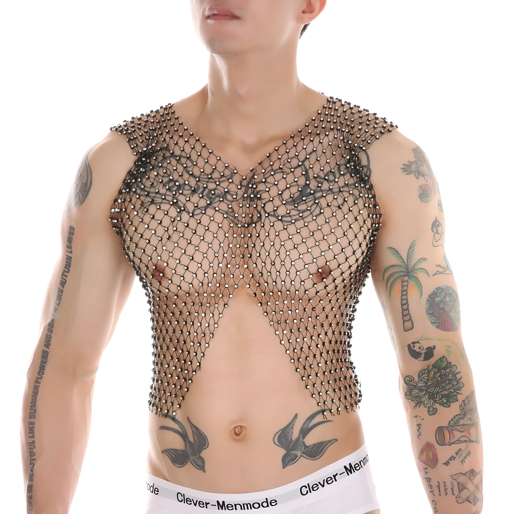 Men's big rhinestone split V-neck fishnet sleeveless top in nylon, black colour, front view