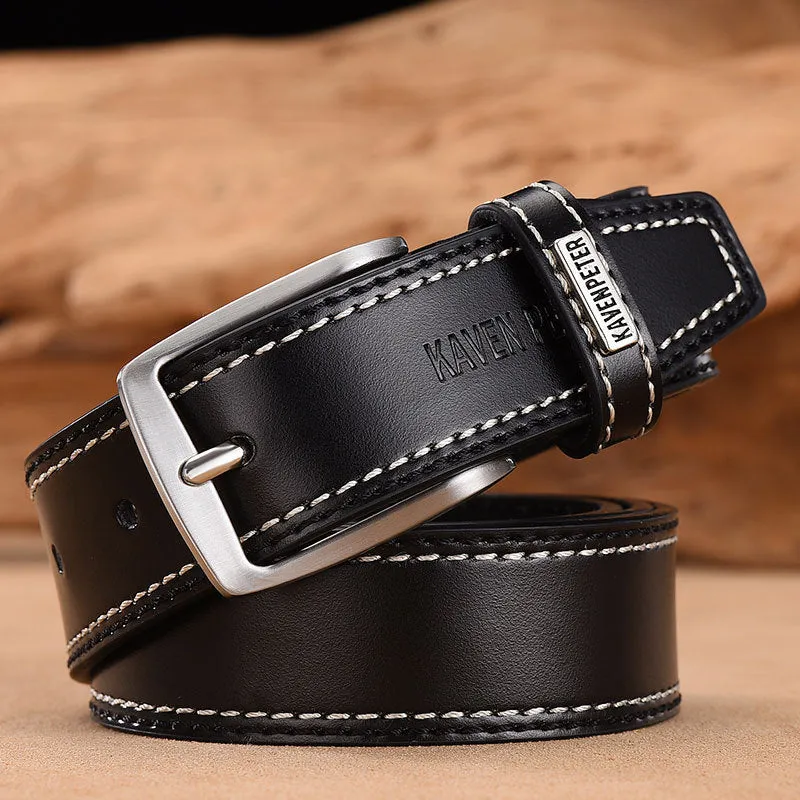 Men's genuine cowhide leather belt with alloy pin buckle in black colour