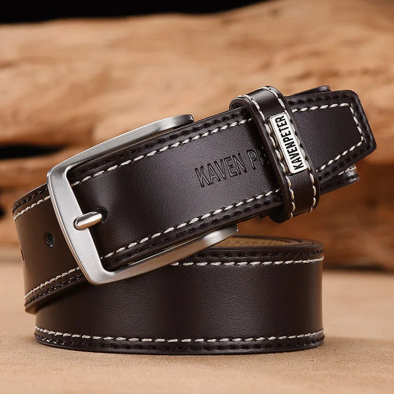 Men's genuine cowhide leather belt with alloy pin buckle in black colour