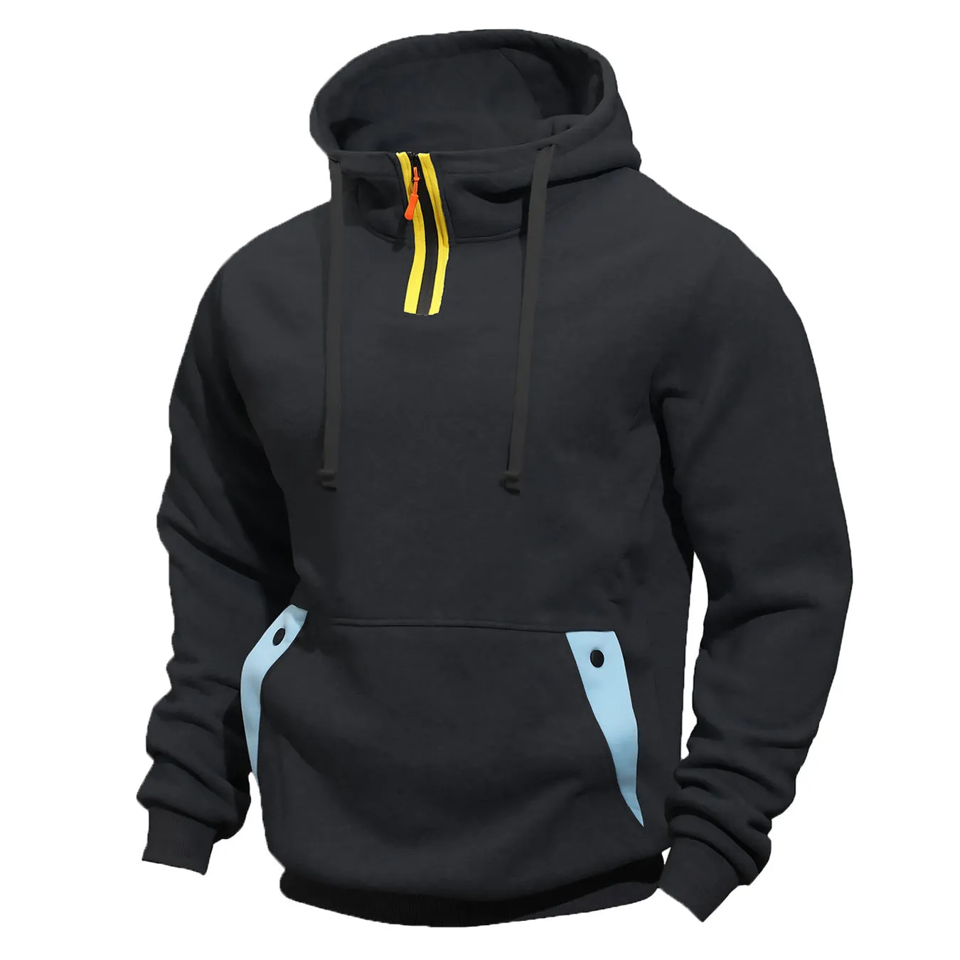 Men's solid colour polyester pullover hoodie with multi-pocket, loose fit, in khaki colour