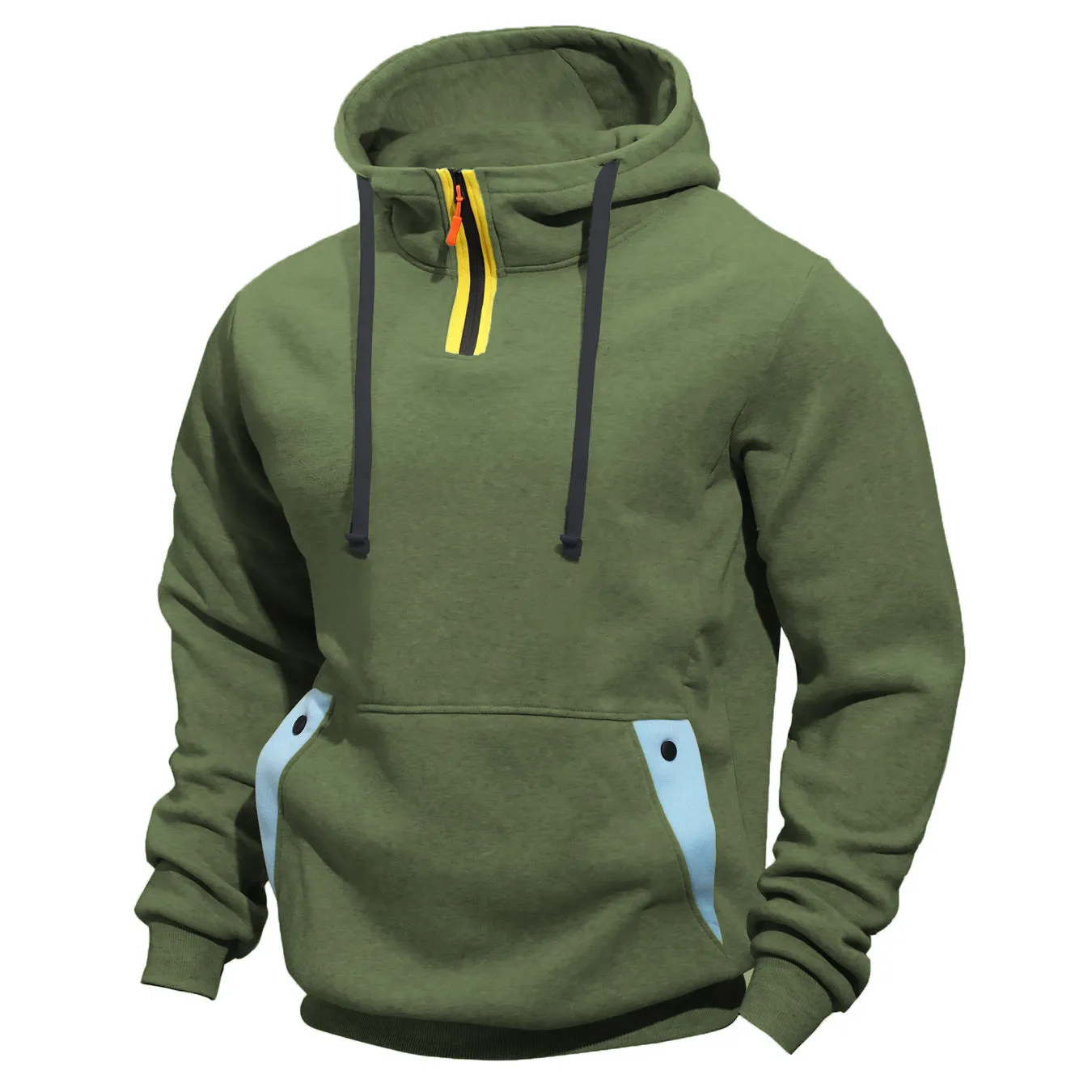 Men's solid colour polyester pullover hoodie with multi-pocket, loose fit, in khaki colour