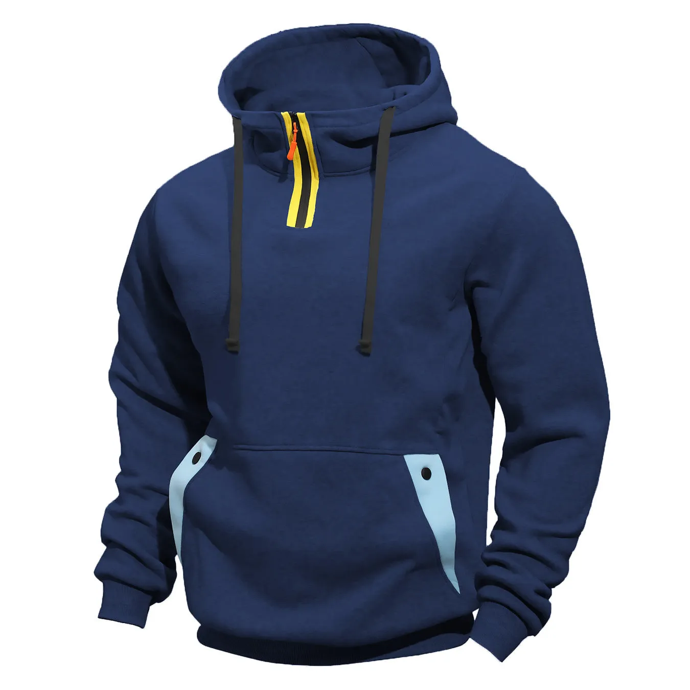 Men's solid colour polyester pullover hoodie with multi-pocket, loose fit, in khaki colour