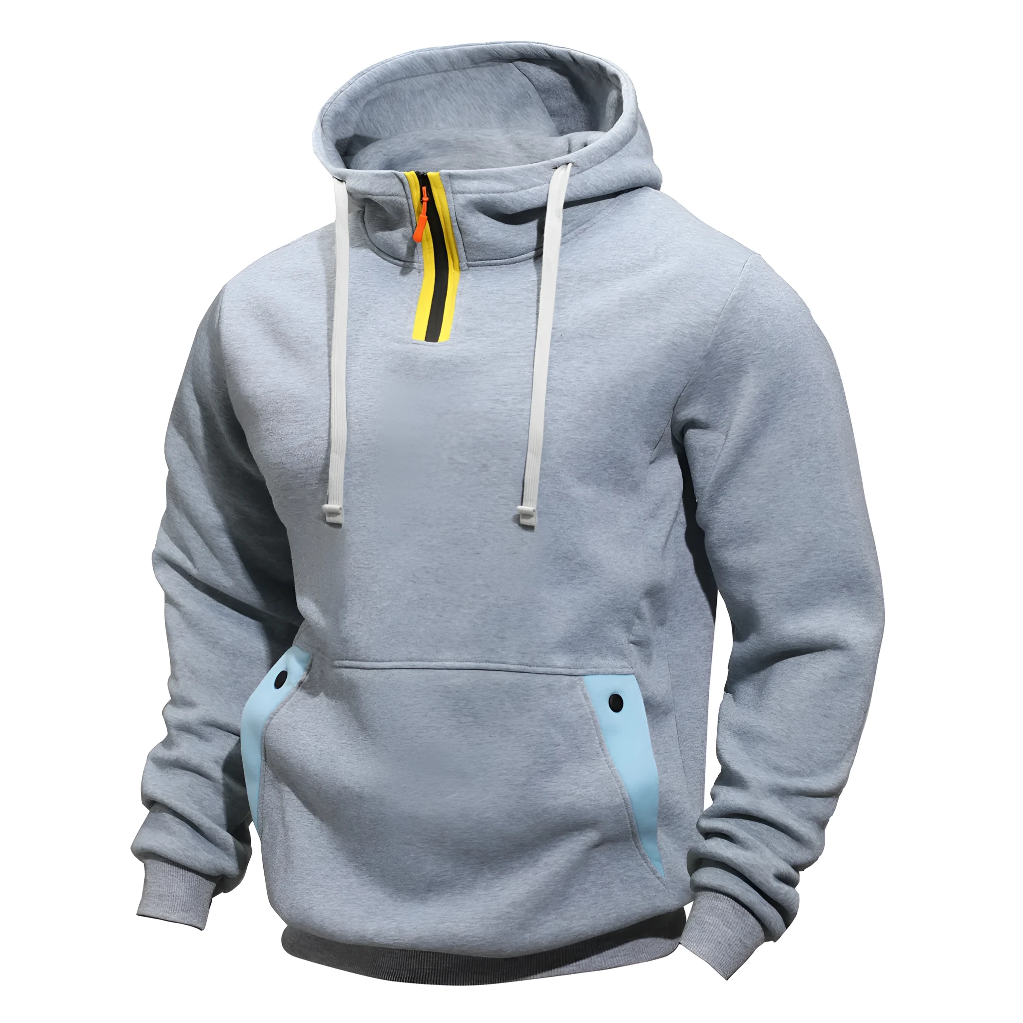 Men's solid colour polyester pullover hoodie with multi-pocket, loose fit, in khaki colour