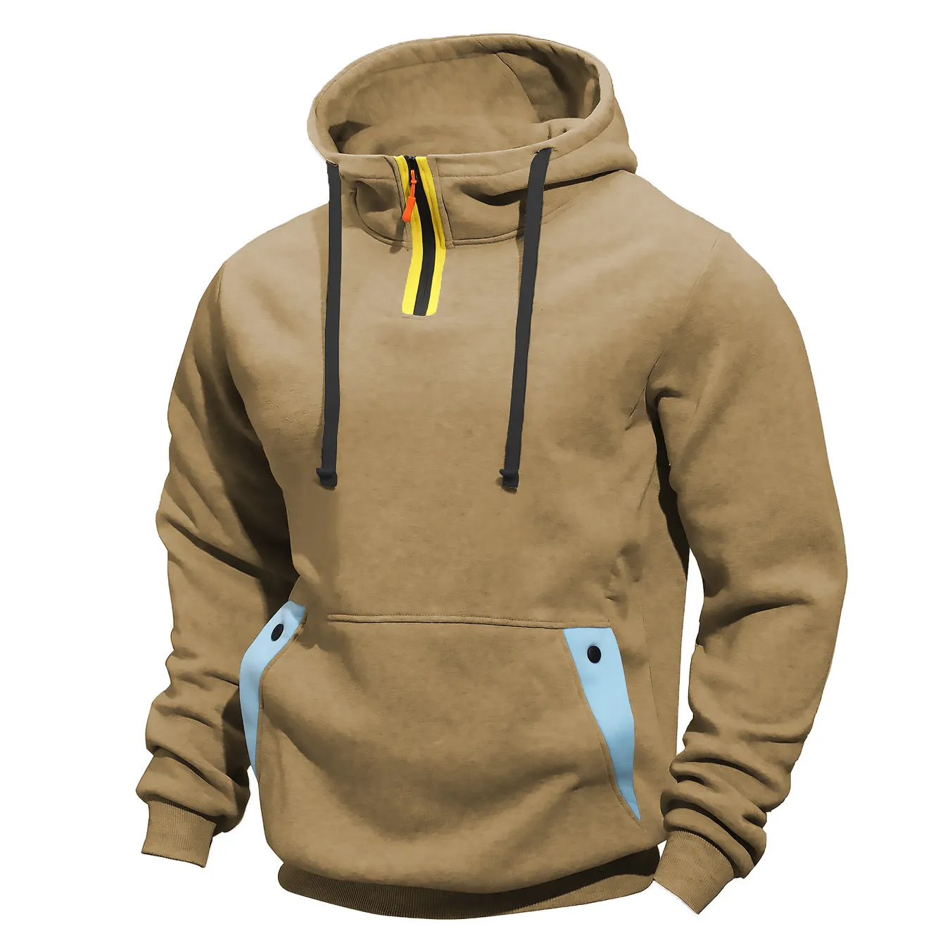 Men's solid colour polyester pullover hoodie with multi-pocket, loose fit, in khaki colour