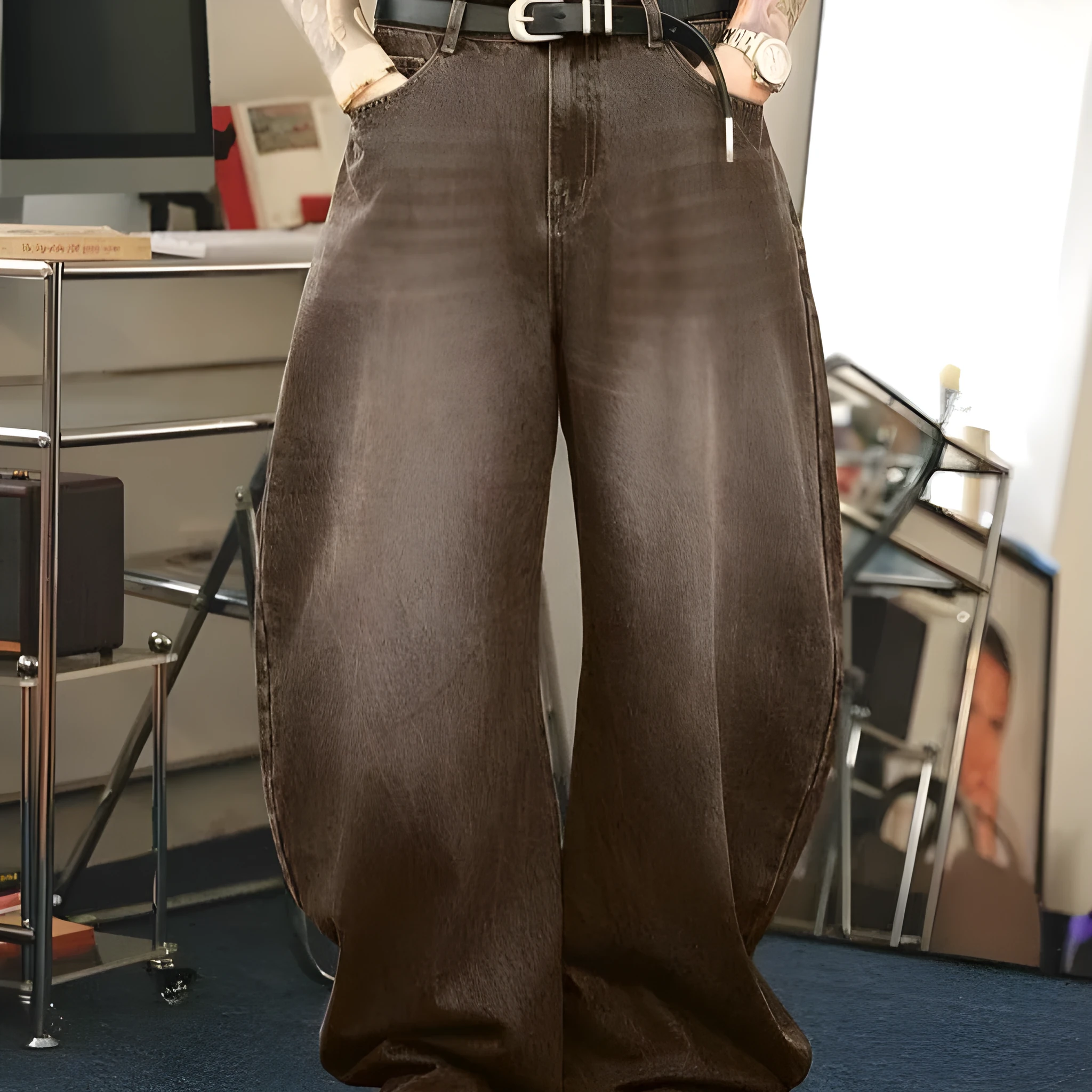 Men's brown washed loose flared jeans with low waist and zipper fly, side view