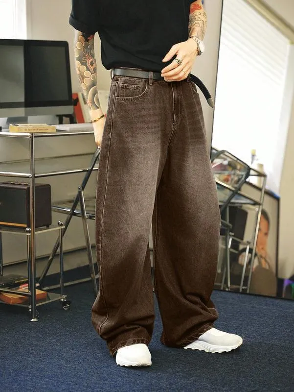 Men's brown washed loose flared jeans with low waist and zipper fly, side view