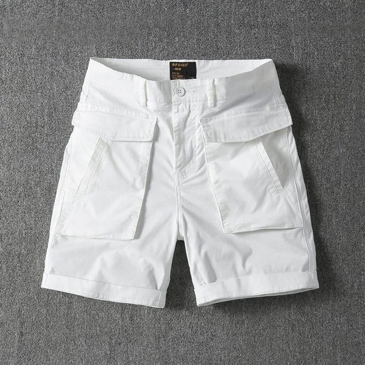 Men's straight-leg cargo shorts in army green with multiple pockets, made from stretch cotton fabric.