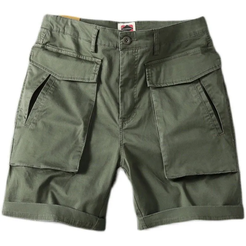 Men's straight-leg cargo shorts in army green with multiple pockets, made from stretch cotton fabric.