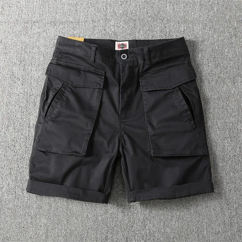 Men's straight-leg cargo shorts in army green with multiple pockets, made from stretch cotton fabric.