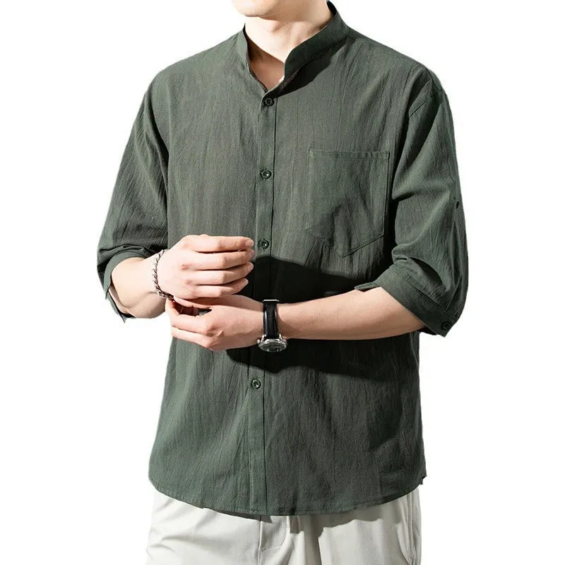 Men's cotton blend short sleeve shirt in loose cardigan style, solid black colour, with three-quarter sleeves