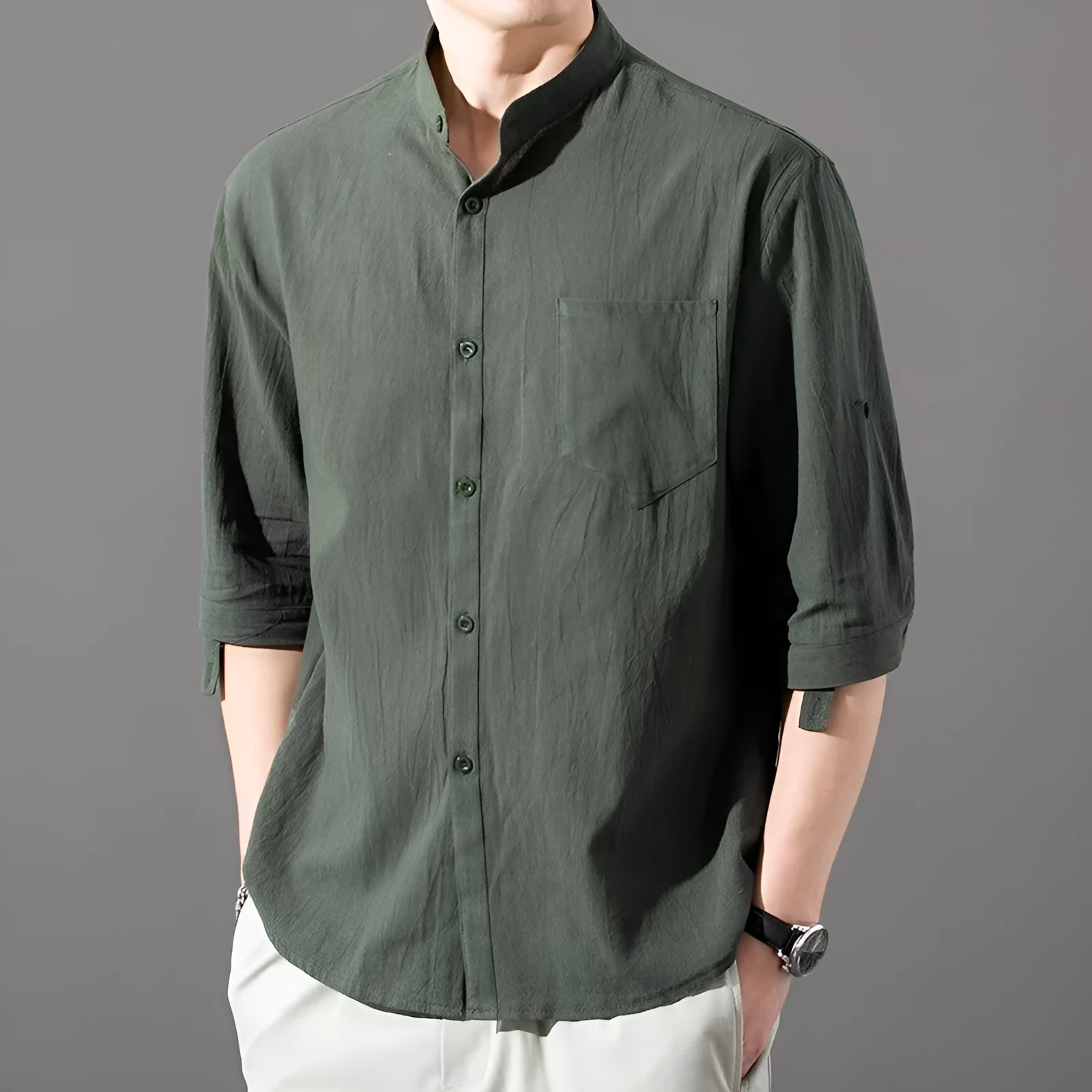 Men's cotton blend short sleeve shirt in loose cardigan style, solid black colour, with three-quarter sleeves