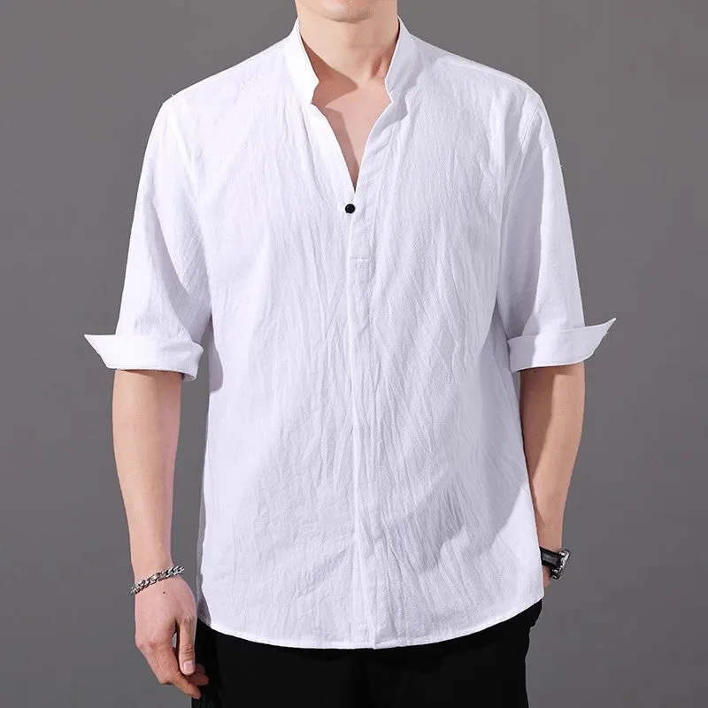 Men's cotton blend short sleeve shirt in loose cardigan style, solid black colour, with three-quarter sleeves