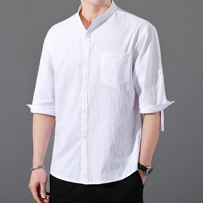 Men's cotton blend short sleeve shirt in loose cardigan style, solid black colour, with three-quarter sleeves