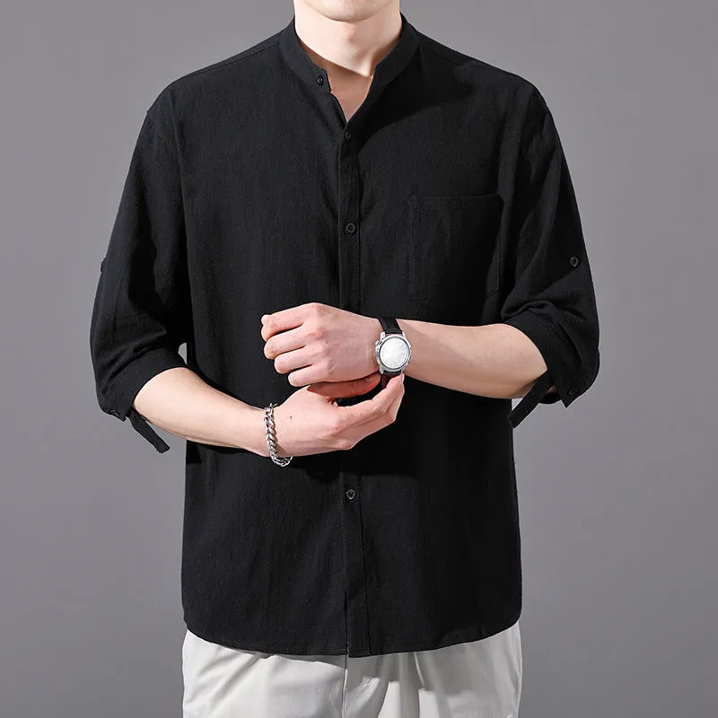 Men's cotton blend short sleeve shirt in loose cardigan style, solid black colour, with three-quarter sleeves