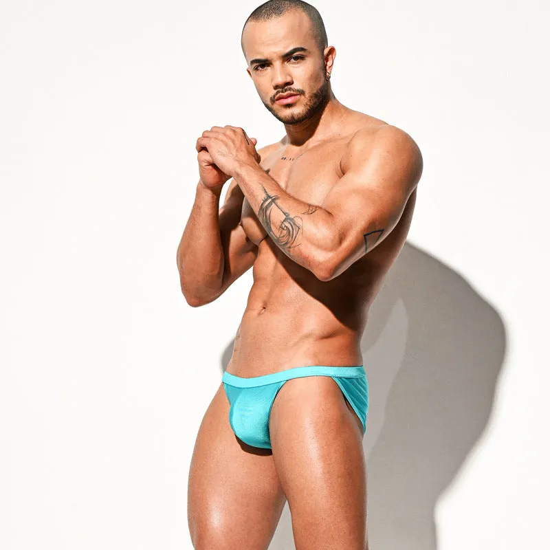 Men's high fork nylon swim briefs in bright lake blue low waist bikini beach trunks
