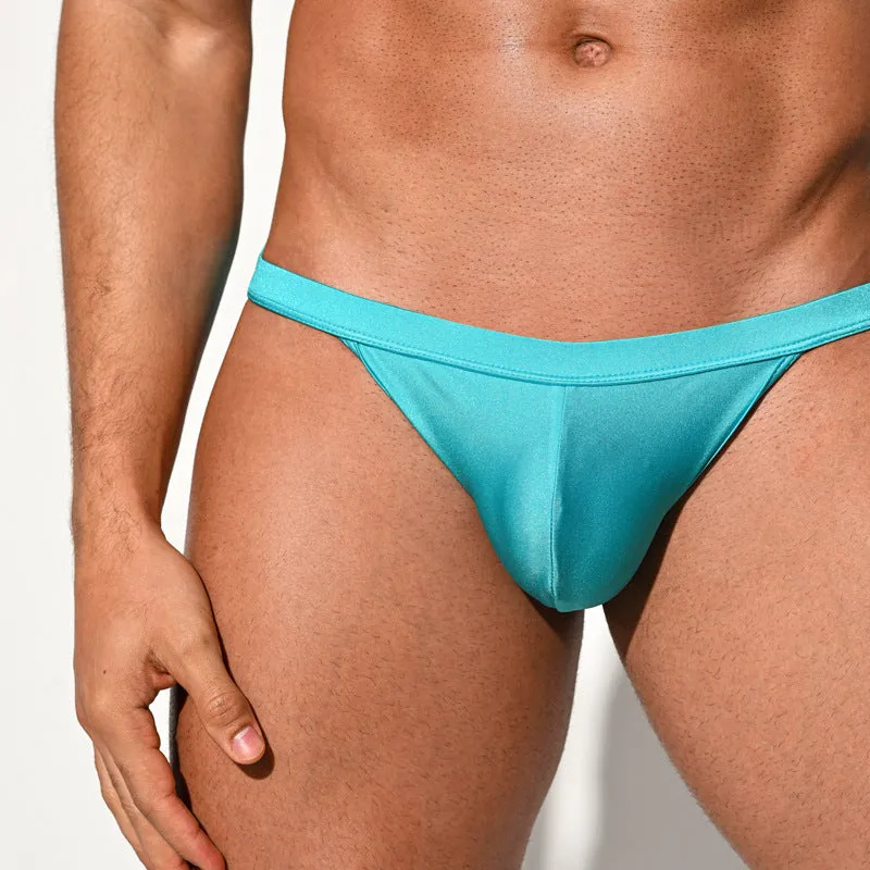 Men's high fork nylon swim briefs in bright lake blue low waist bikini beach trunks