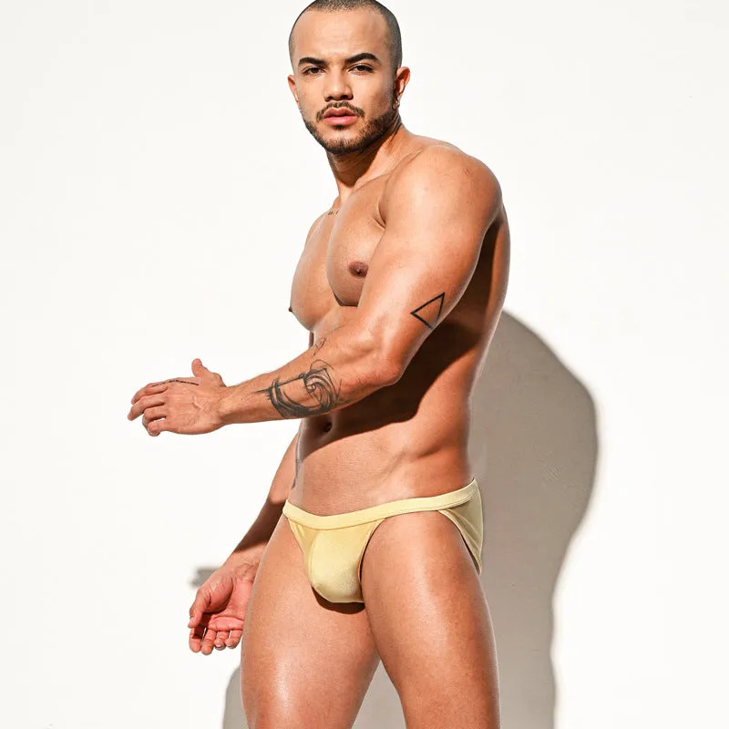 Men's high fork nylon swim briefs in bright lake blue low waist bikini beach trunks