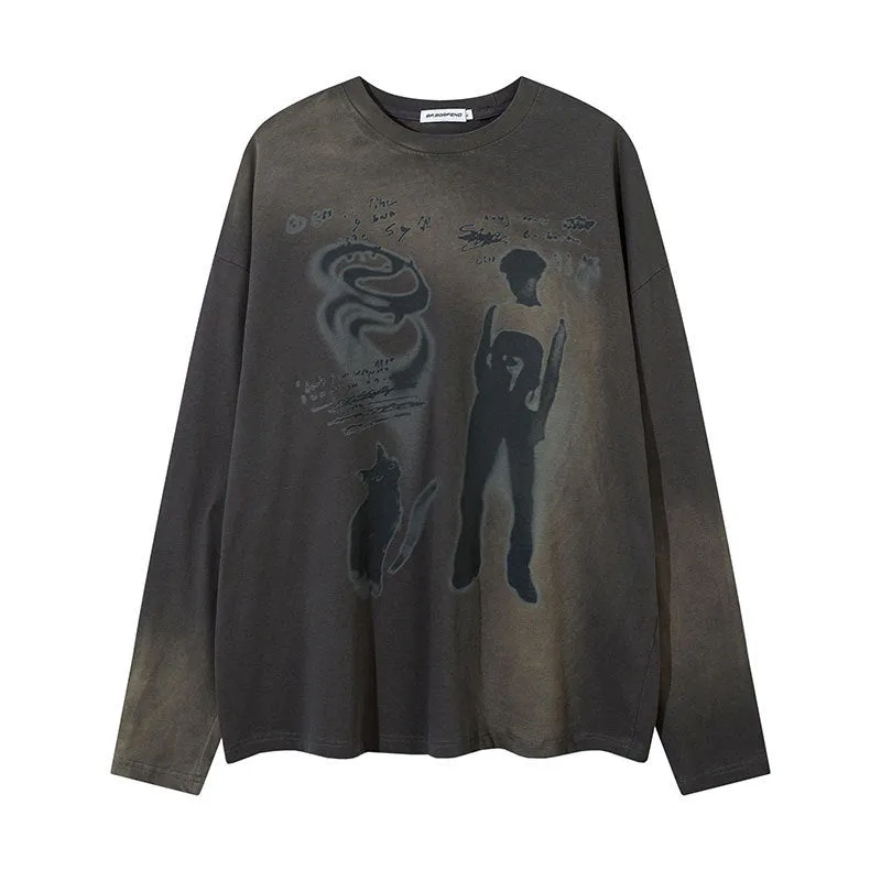 Women's loose grey cotton top with drop-shoulder sleeves and printed letter design.