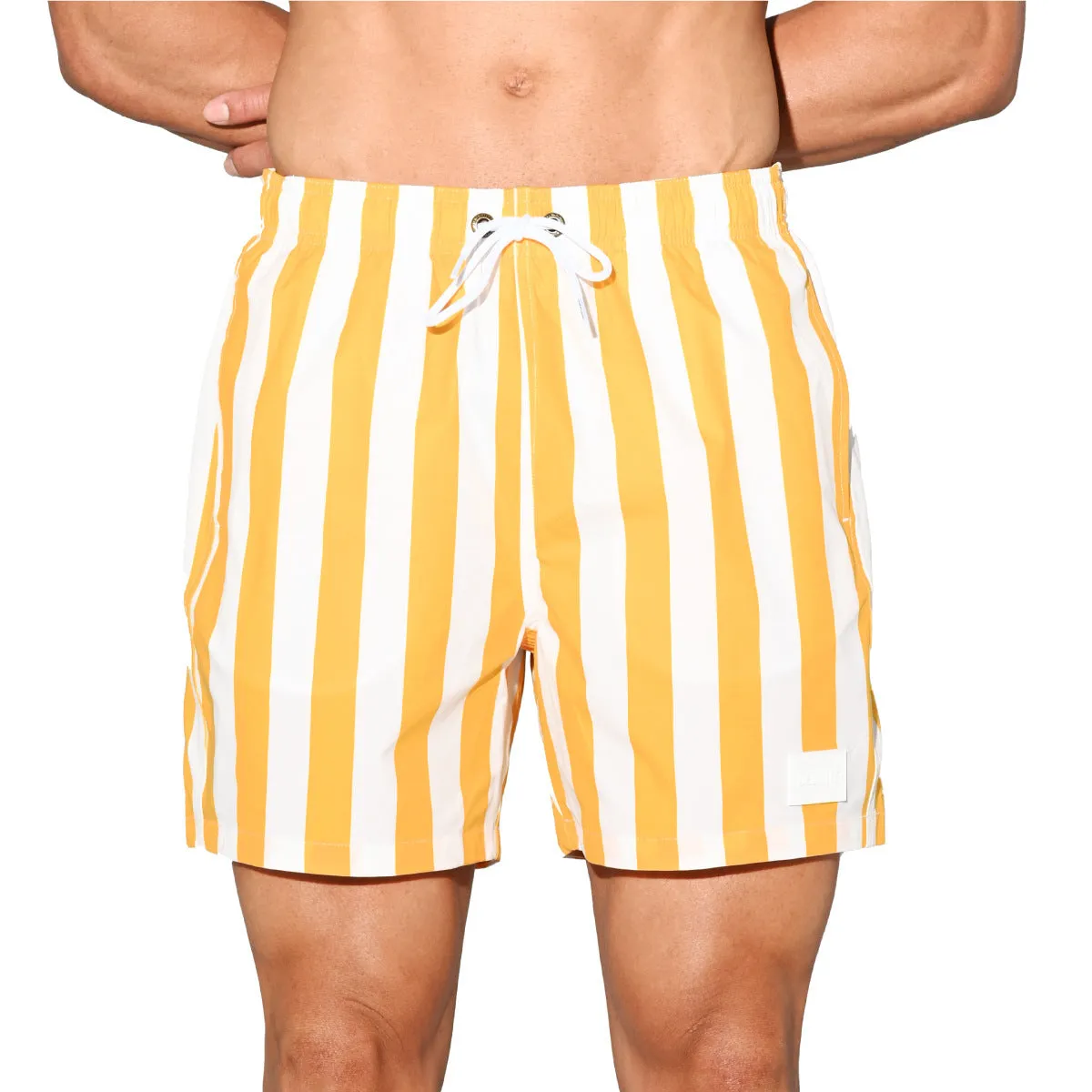 Men's casual loose striped quick-drying shorts in black and white stripes, polyester fibre summer sport shorts with elastic waist