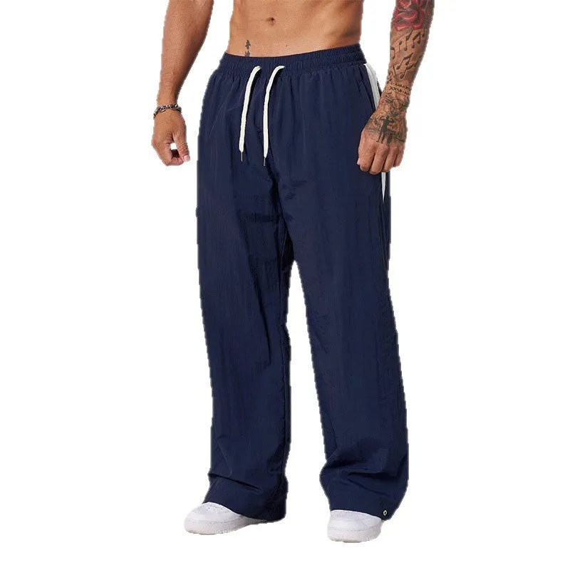 Men's loose fit cotton casual trousers in black, mid waist, relaxed leg