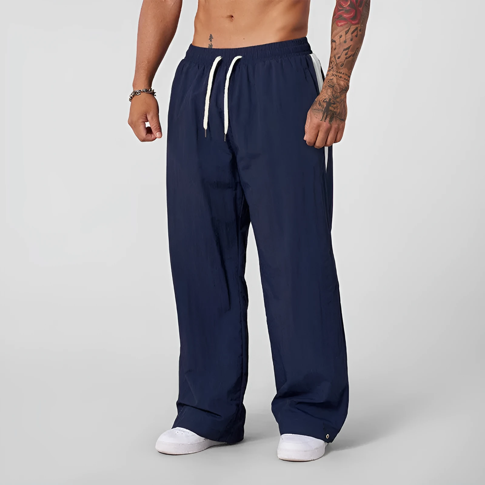 Men's loose fit cotton casual trousers in black, mid waist, relaxed leg