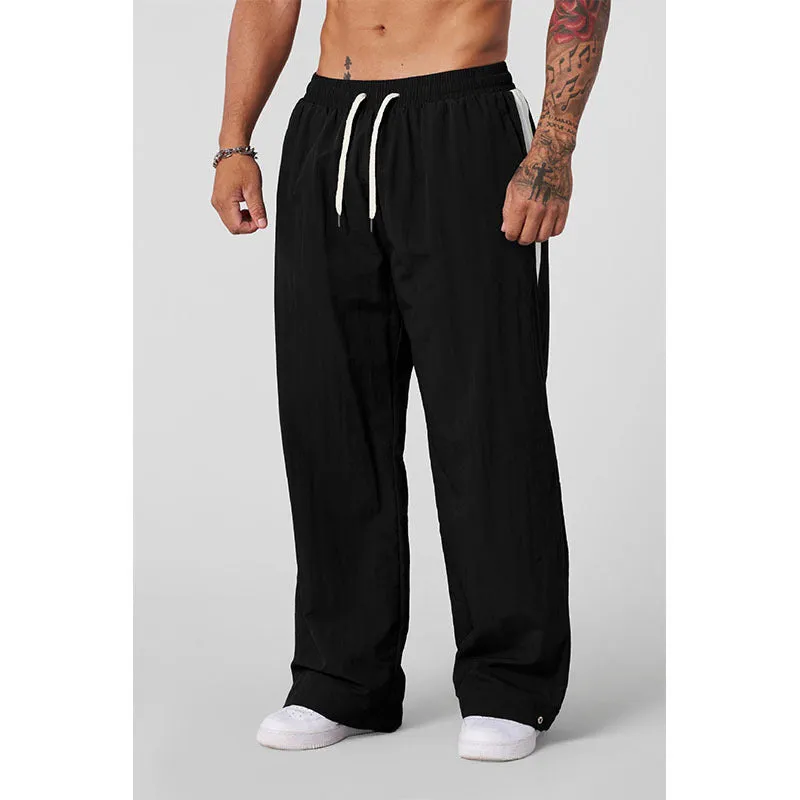 Men's loose fit cotton casual trousers in black, mid waist, relaxed leg