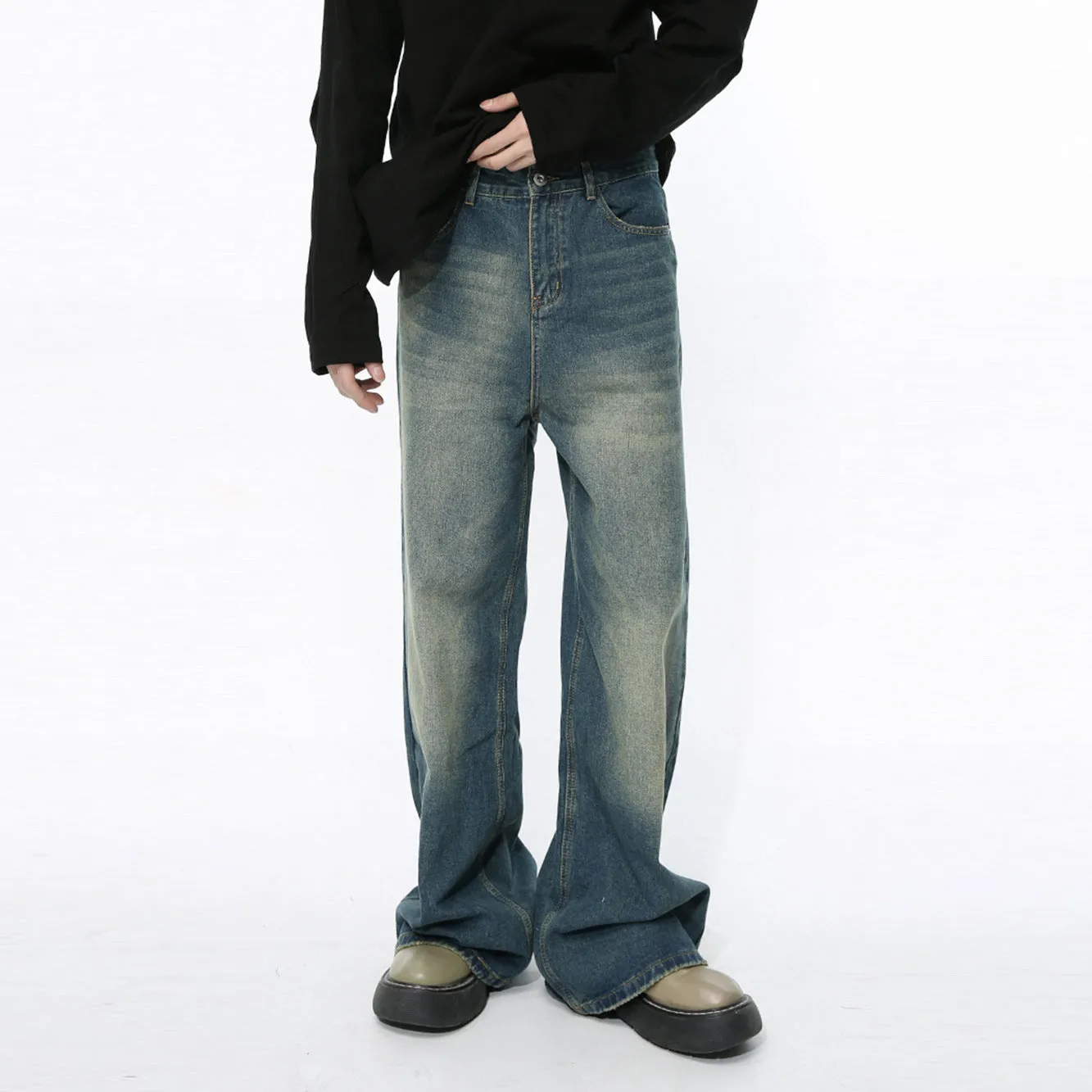 Men's retro washed straight casual jeans in cotton blend, mid waist, zipper fly, five colour options