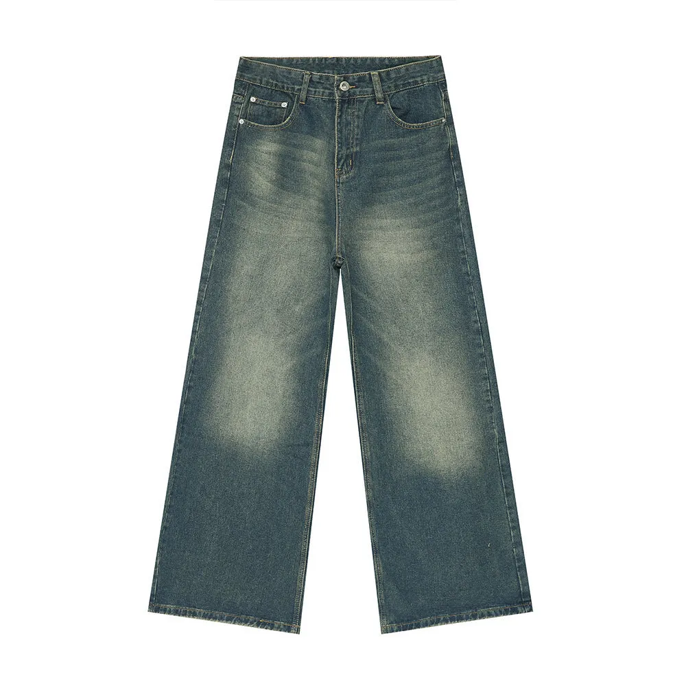 Men's retro washed straight casual jeans in cotton blend, mid waist, zipper fly, five colour options