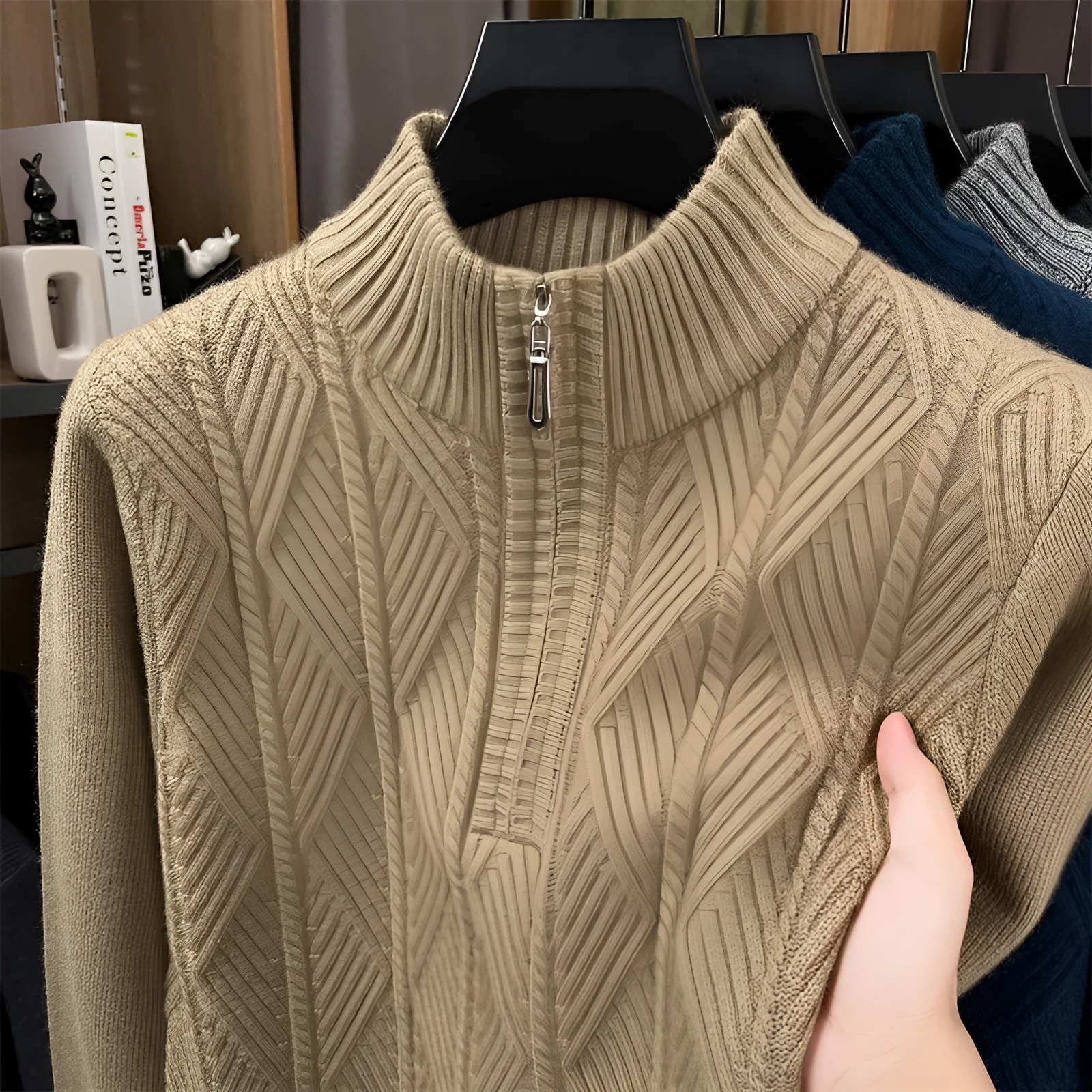 Men's business leisure pullover bottoming sweater in camel, thickened acrylic blend crew neck, long sleeve, solid colour knit