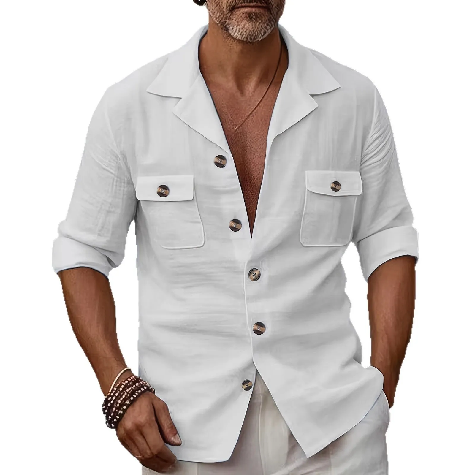 Men's casual linen blend solid colour shirt with tailored collar and button pocket, regular fit in white