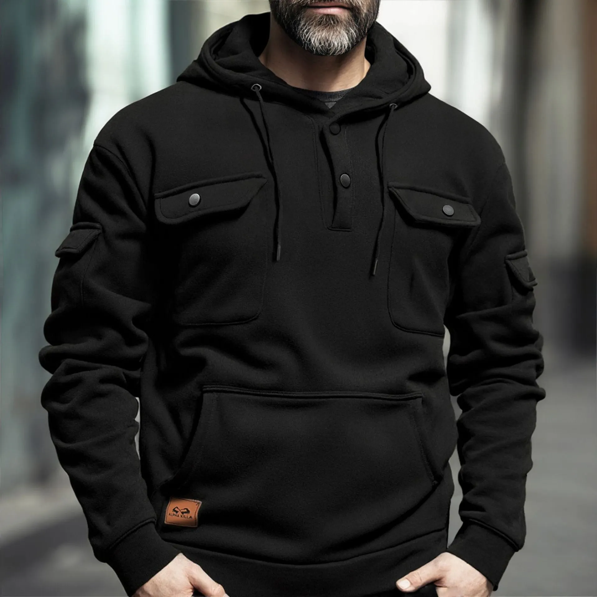 Men's polyester button multi-pocket pullover sweater in solid colour with wool lining, loose fit