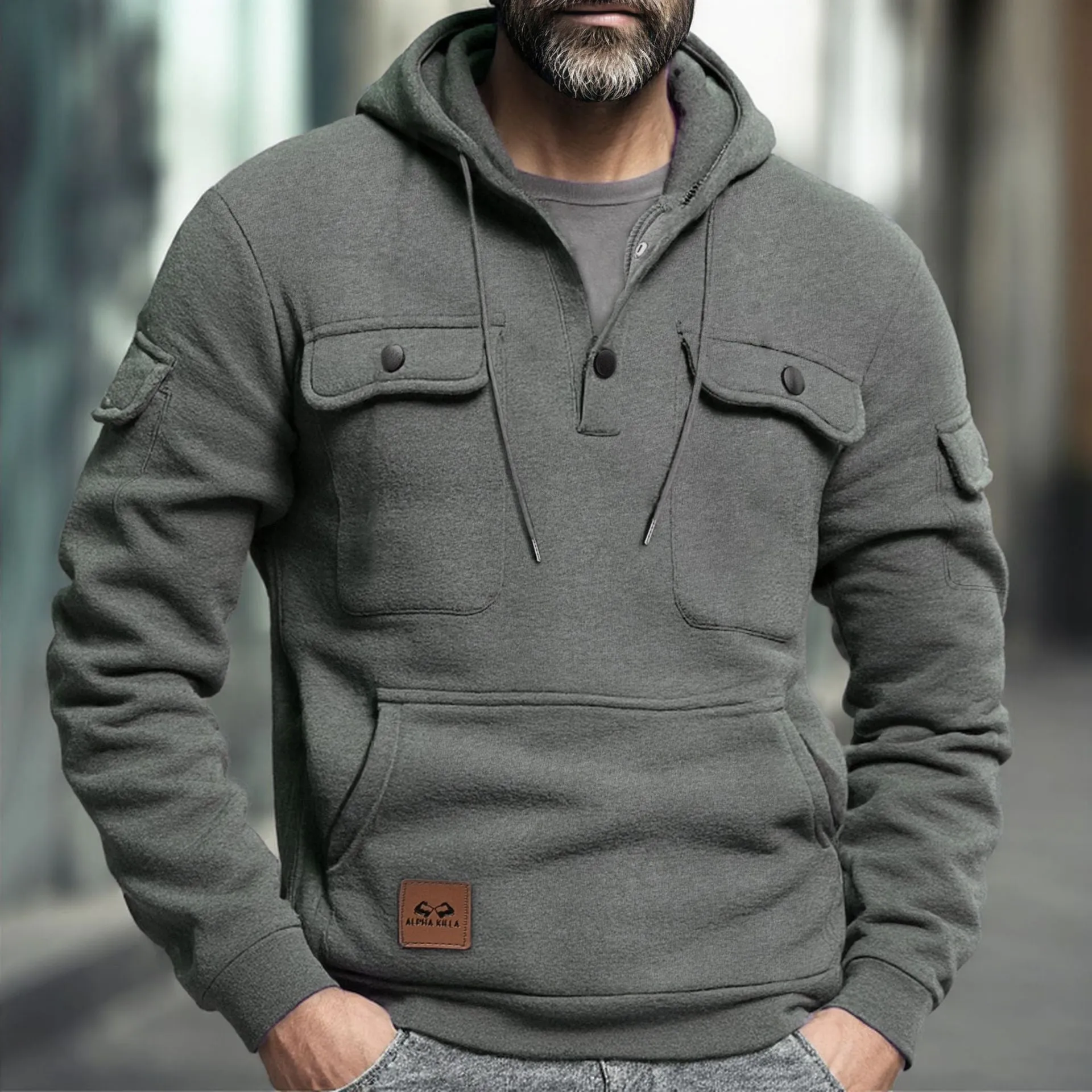 Men's polyester button multi-pocket pullover sweater in solid colour with wool lining, loose fit