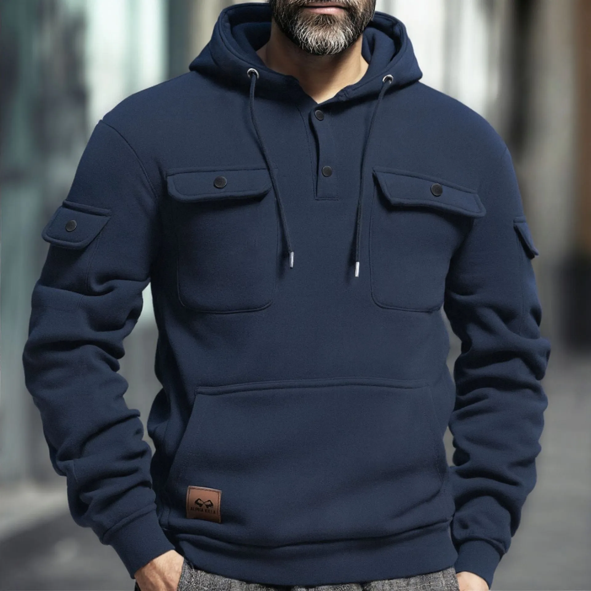 Men's polyester button multi-pocket pullover sweater in solid colour with wool lining, loose fit