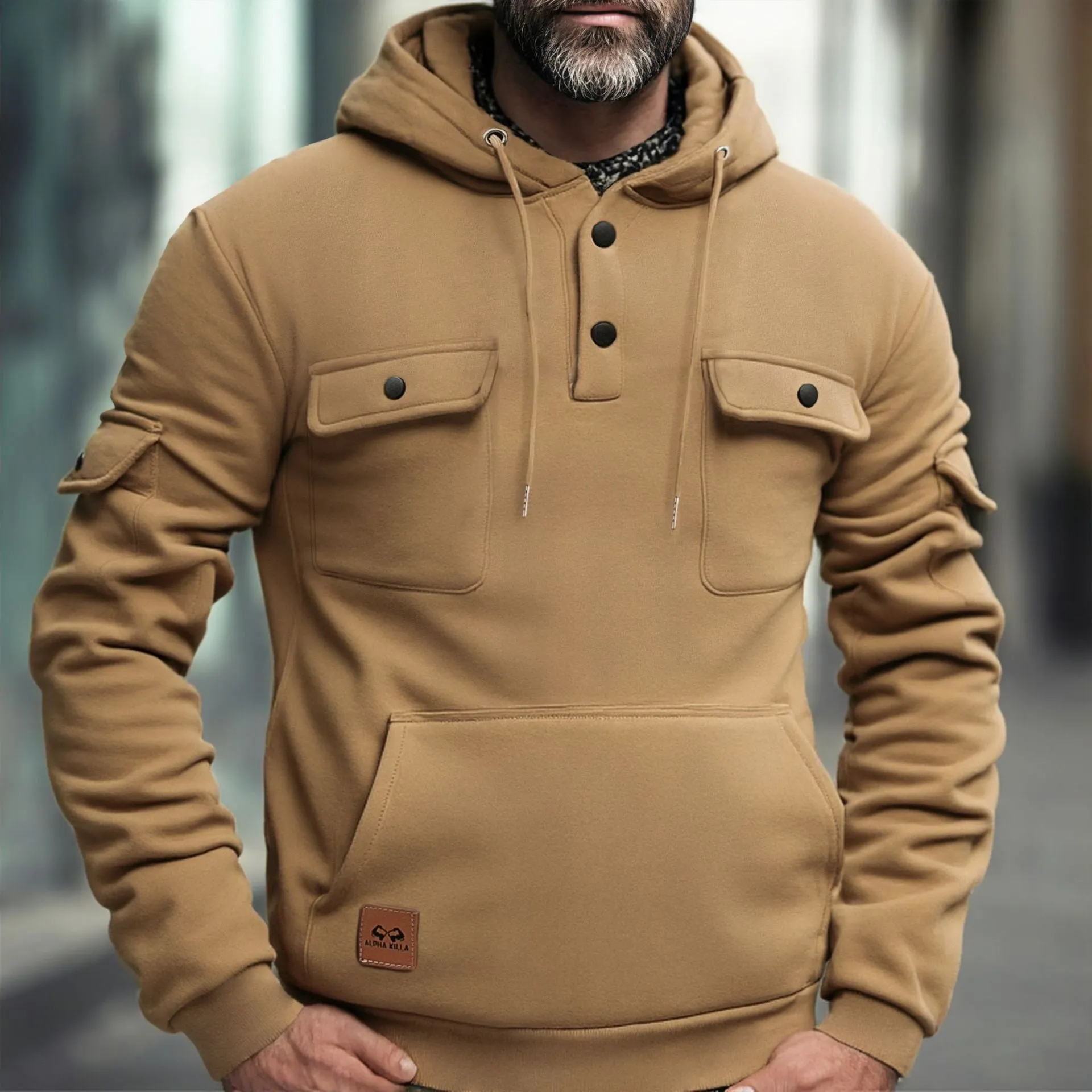 Men's polyester button multi-pocket pullover sweater in solid colour with wool lining, loose fit