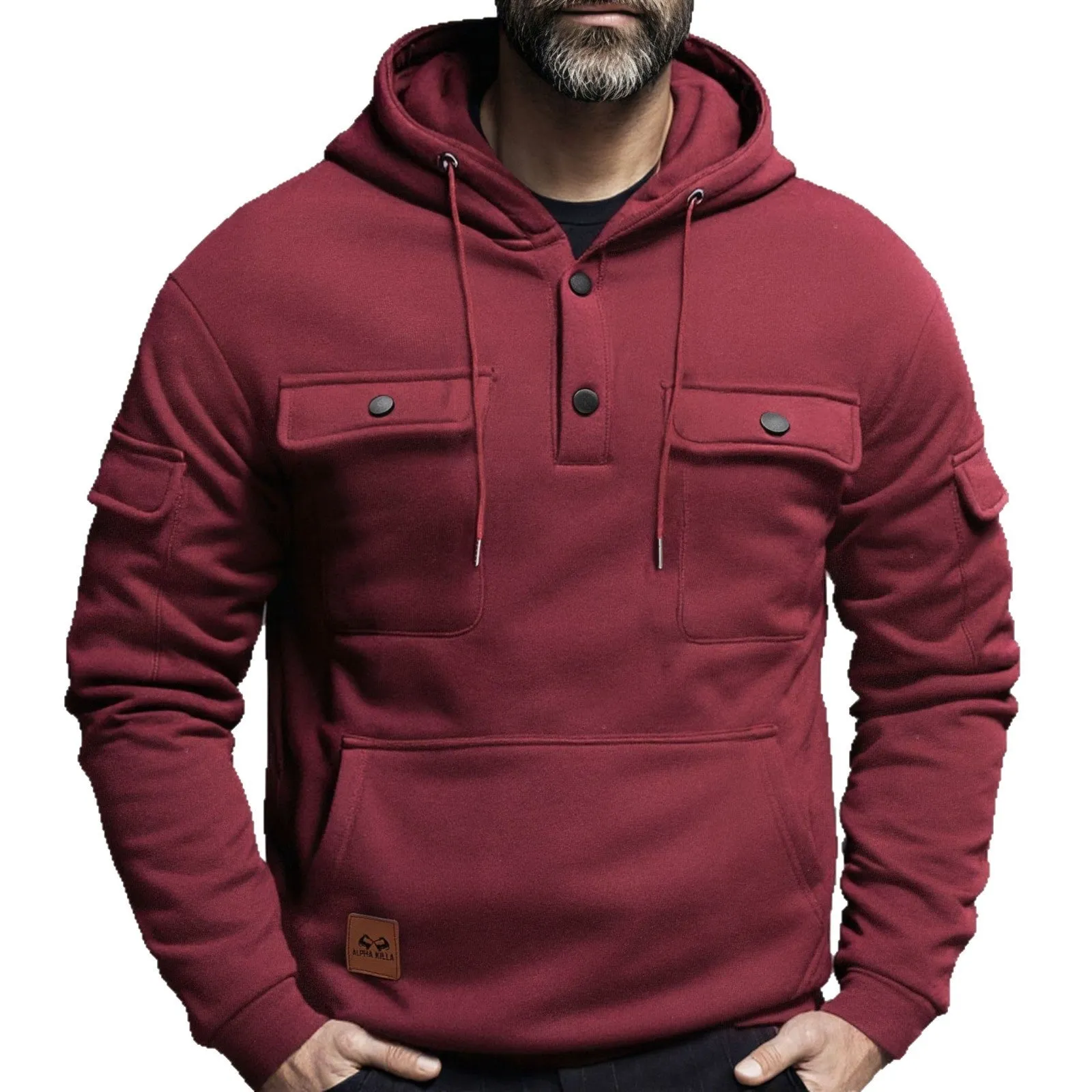 Men's polyester button multi-pocket pullover sweater in solid colour with wool lining, loose fit