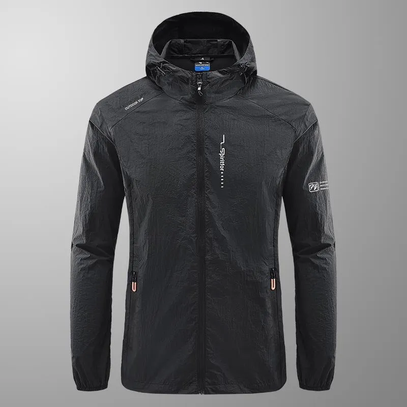Men's light grey hooded nylon summer jacket with loose fit for sun protection