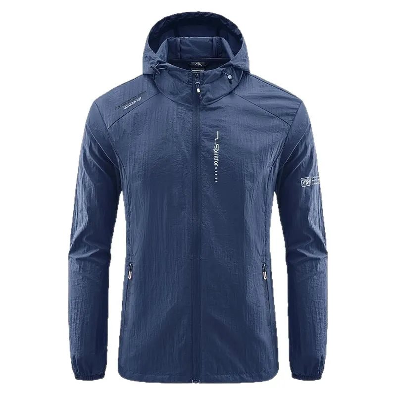 Men's light grey hooded nylon summer jacket with loose fit for sun protection