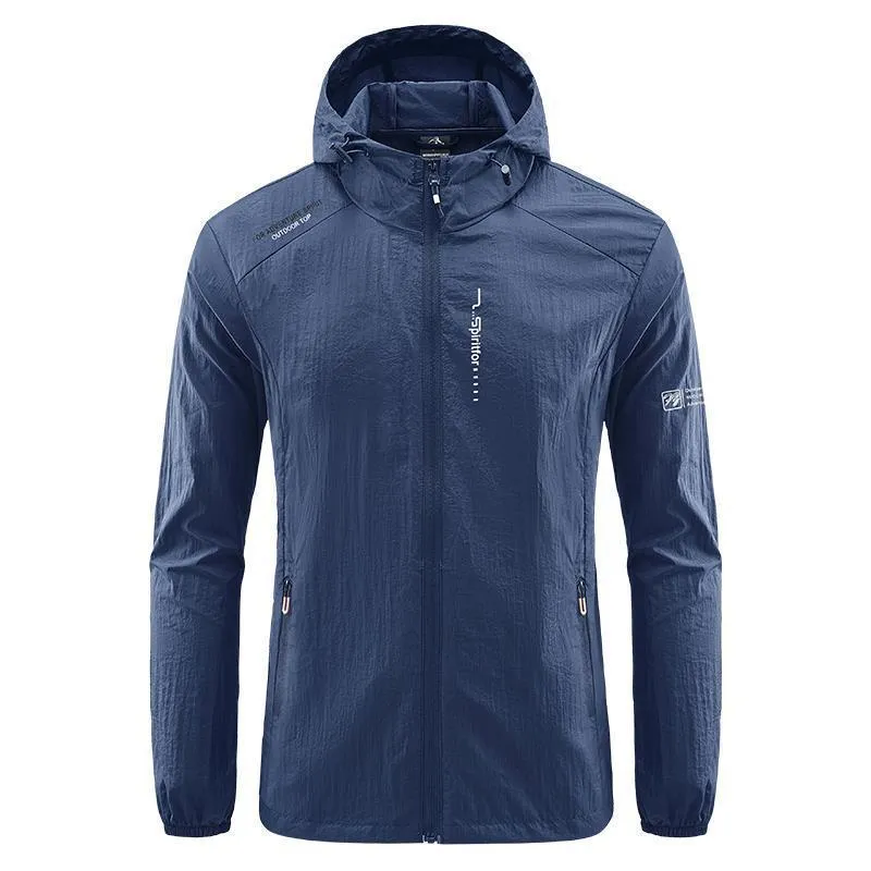 Men's light grey hooded nylon summer jacket with loose fit for sun protection