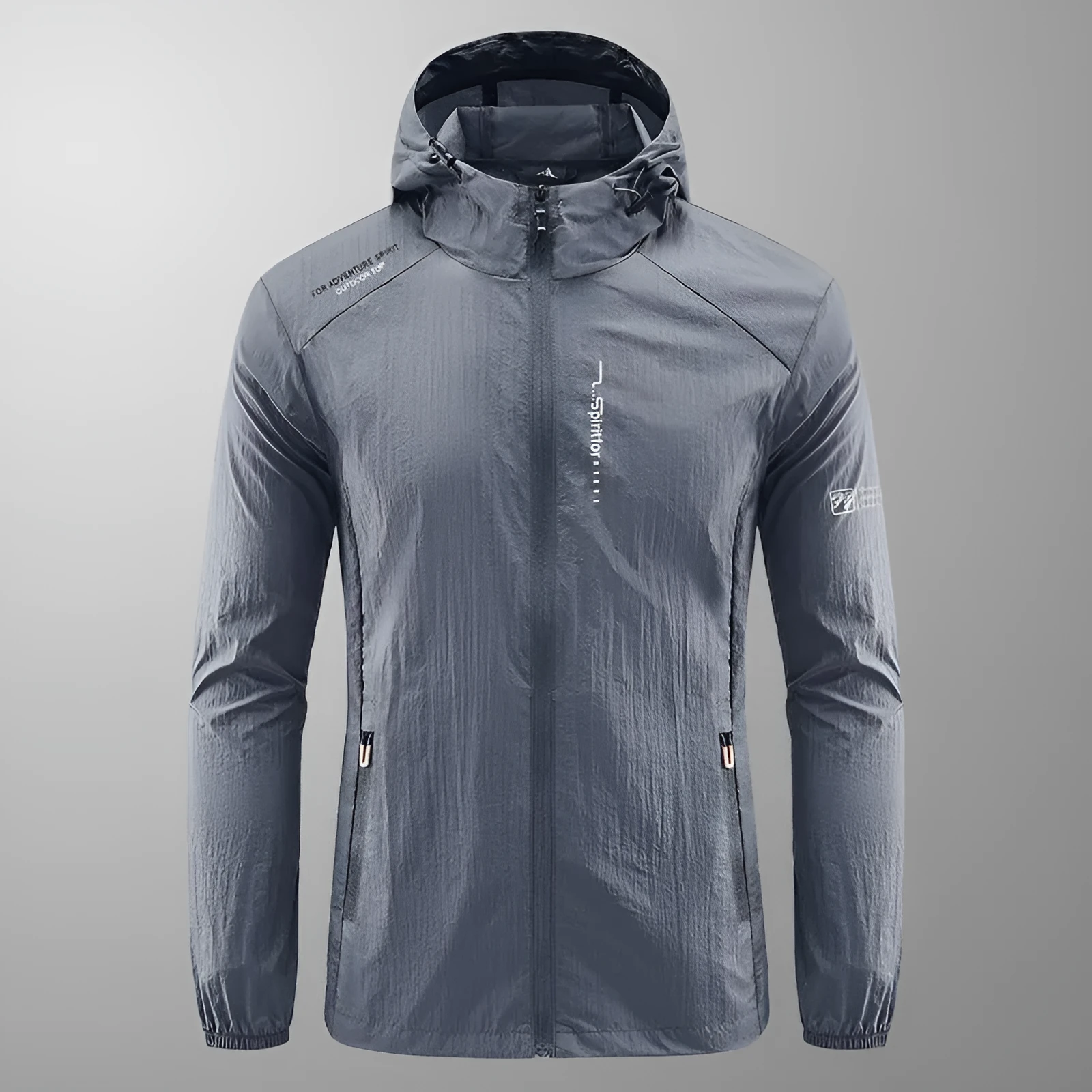 Men's light grey hooded nylon summer jacket with loose fit for sun protection