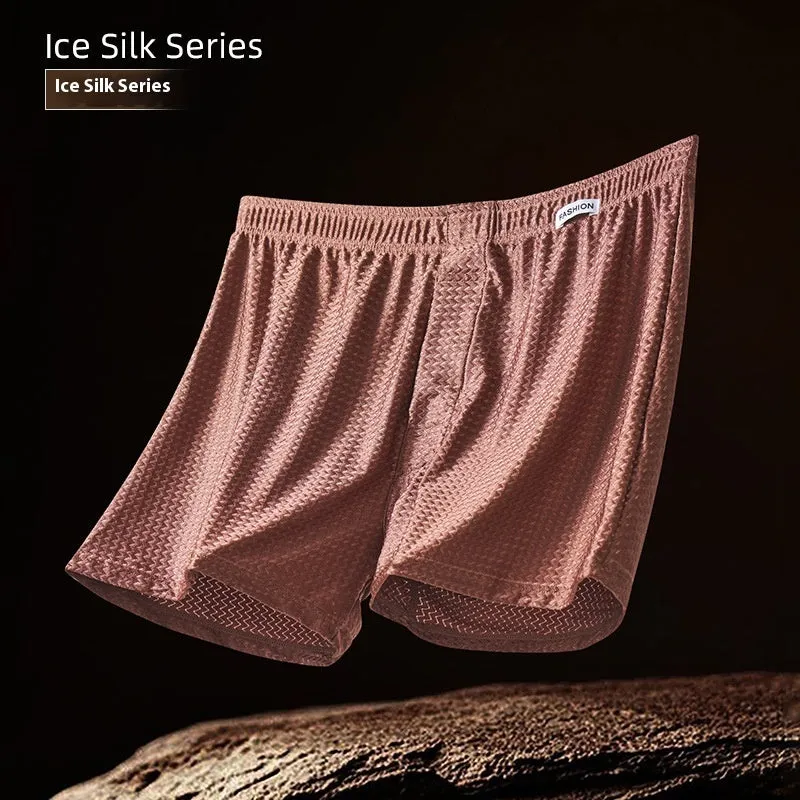 Men's nylon ice silk boxers in carbon crystal black, solid colour, knitted fabric, mid waist