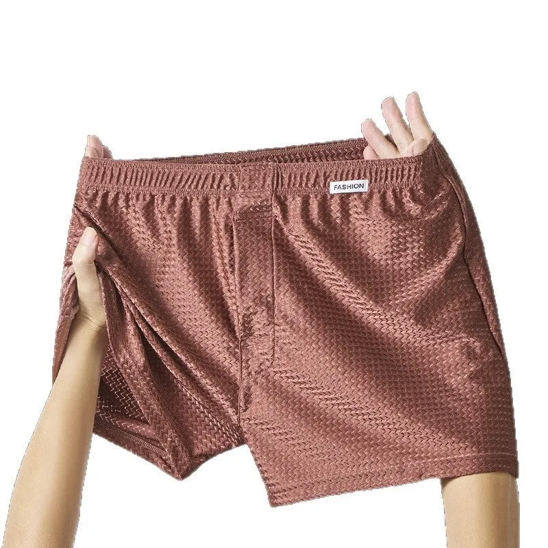 Men's nylon ice silk boxers in carbon crystal black, solid colour, knitted fabric, mid waist