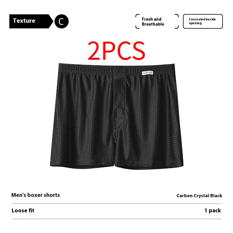 Men's nylon ice silk boxers in carbon crystal black, solid colour, knitted fabric, mid waist